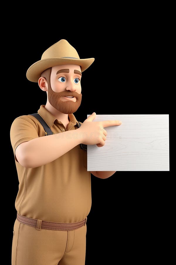 Cartoon explorer pointing at blank sign stock illustration