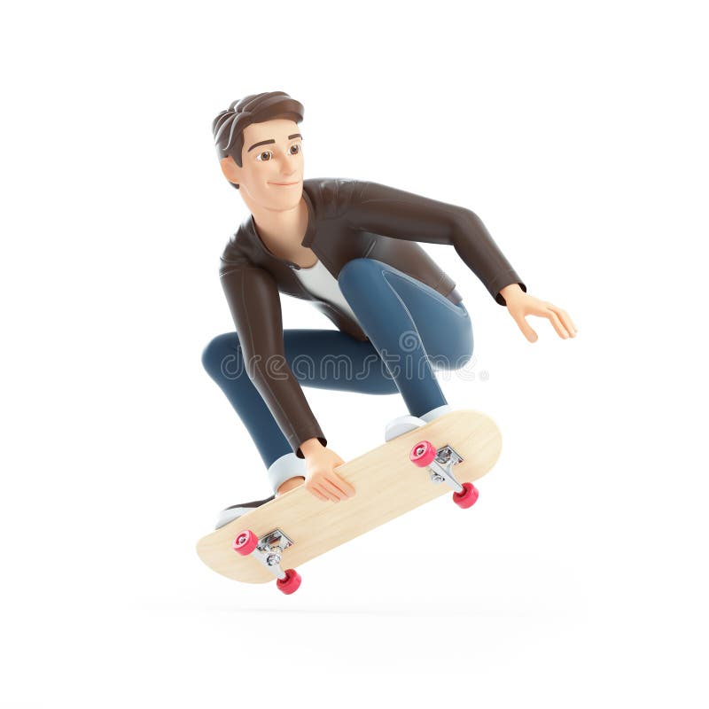 3d cartoon man jumping on skateboard, illustration isolated on white background
