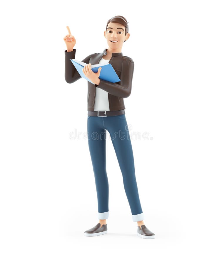 3d cartoon man standing with book