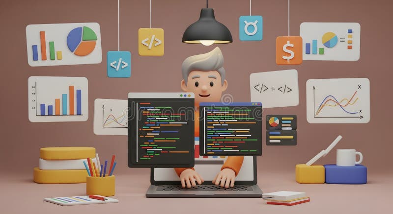3D-Cartoon-Programmierer Arbeiten am Notebook, umgeben von Code- und Datenanalysesymbolen stock abbildung