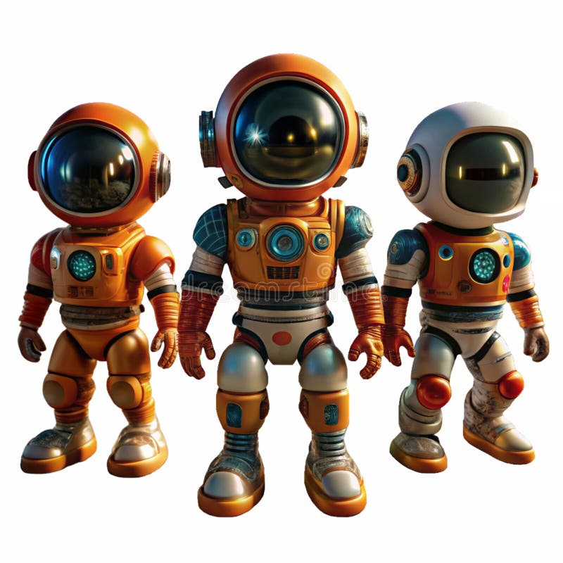 3D Cartoon Space Robots Isolated on White Background.