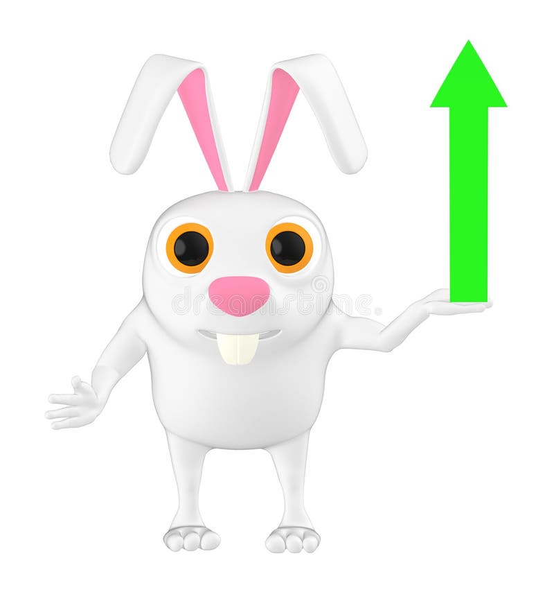 3d carácter, conejo que muestra una flecha ascendente de la dirección stock de ilustración 3d carácter, conejo que muestra una flecha ascendente de la dirección stock de ilustración