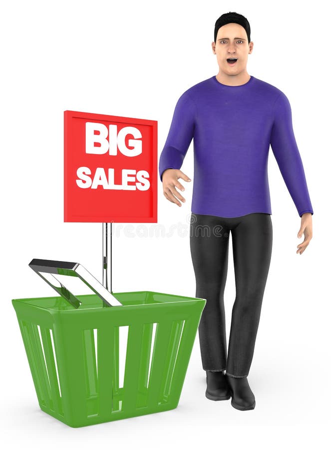 3d carácter, hombre, sorprendido, excitado, colocándose cerca a una cesta con el anuncio grande de la venta ilustración del vector 3d carácter, hombre, sorprendido, excitado, colocándose cerca a una cesta con el anuncio grande de la venta ilustración del vector