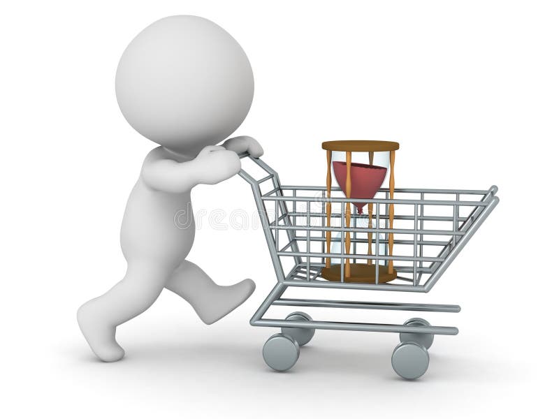 3D caráter com a ampulheta de compra do carrinho de compras - tempo de compra C ilustração do vetor 3D caráter com a ampulheta de compra do carrinho de compras - tempo de compra C ilustração do vetor
