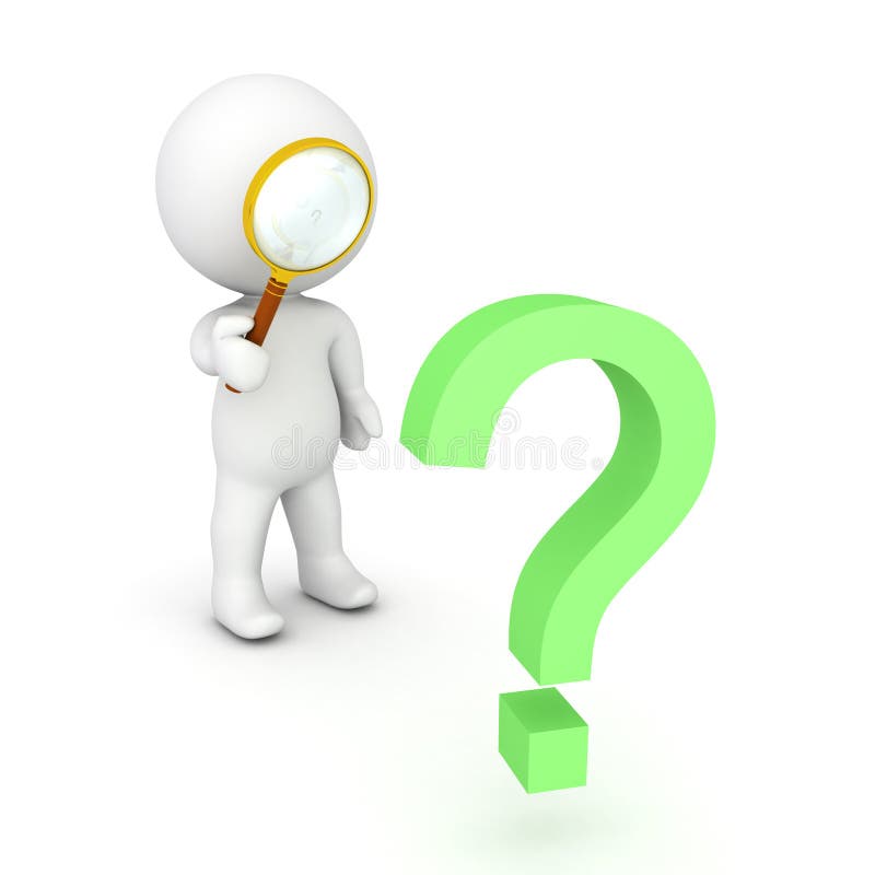 3D Character holding a magnifying glass and inspecting a question mark