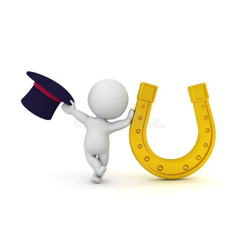 3D Character Leaning on Golden Lucky Horseshoe Stock Illustration