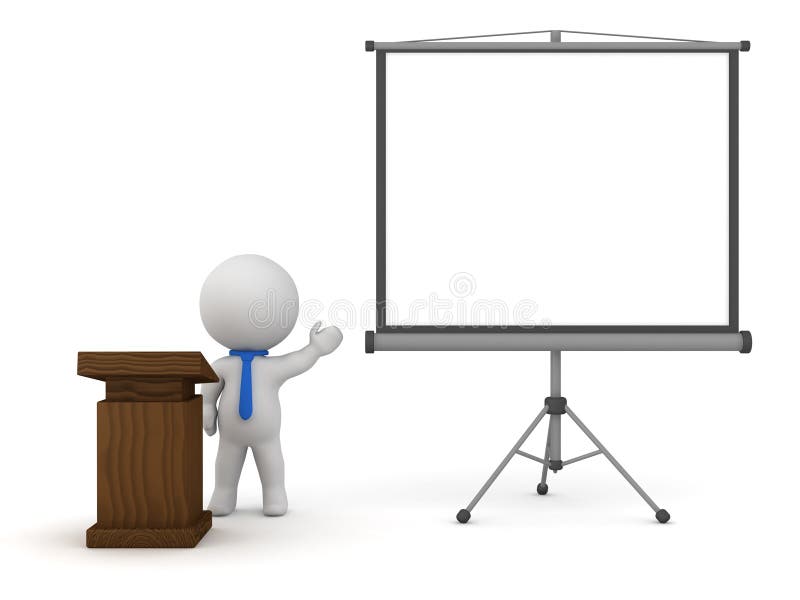 3D Character with Lectern and Projector Screen Holding a Speech stock illustration