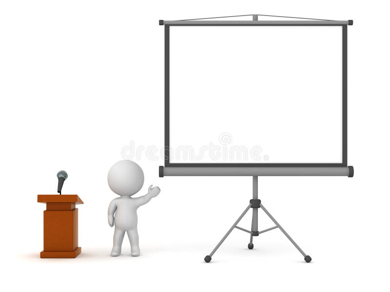 3D Character with Lectern and Projector Screen stock illustration