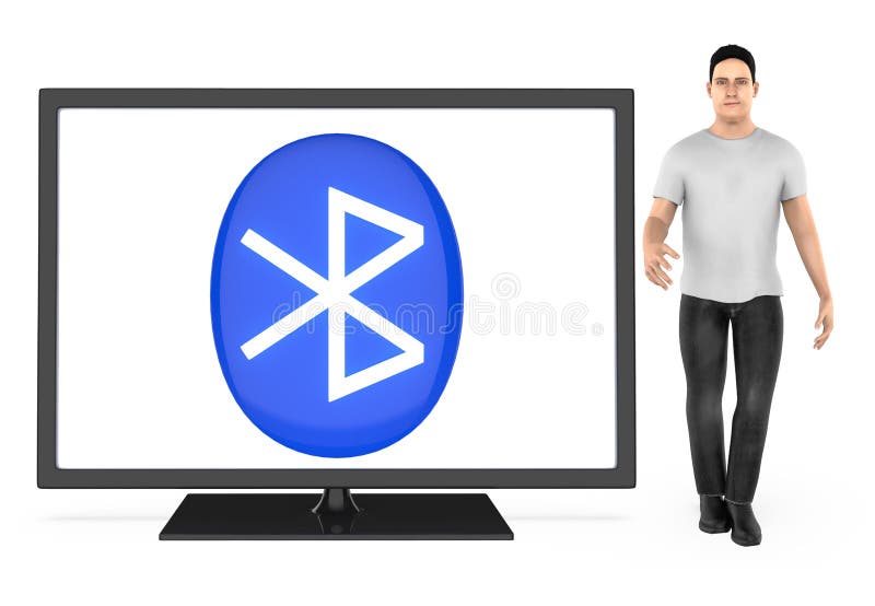 3d character , man presenting a tv with bluetooth sign shown in the screen