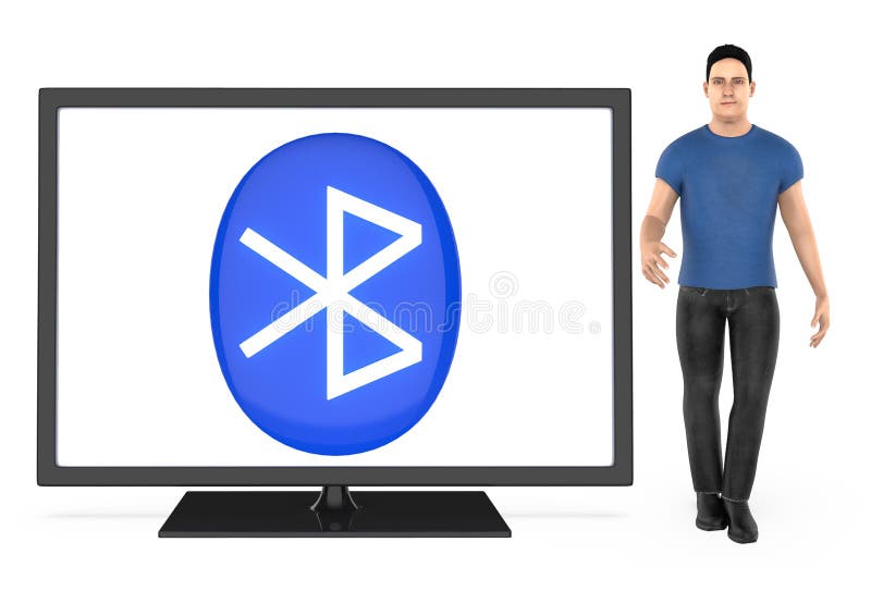 3d character , man presenting a tv with bluetooth sign shown in the screen