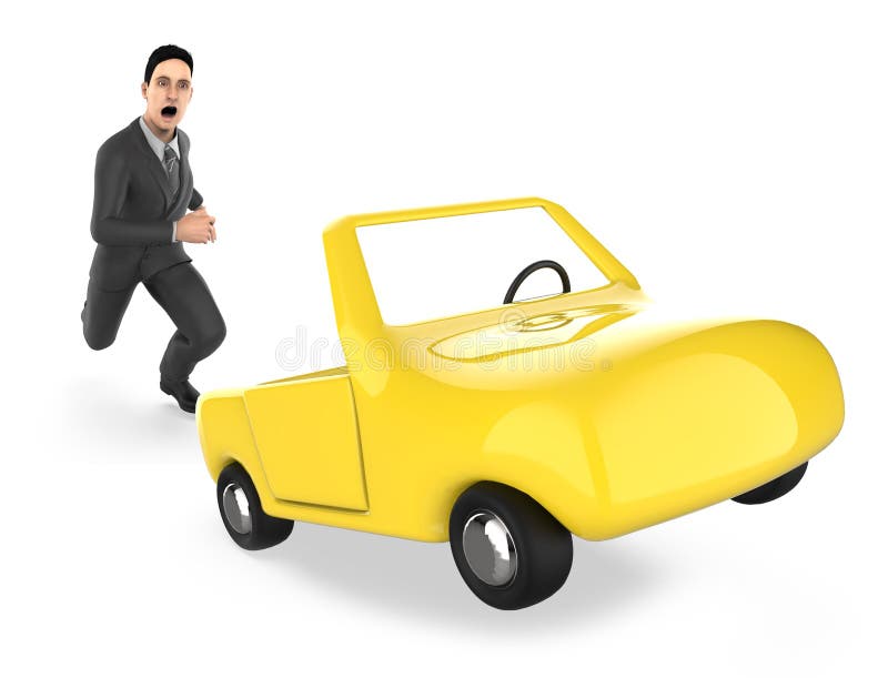 3d Character , Man Running after a Crazy Car Stock Illustration