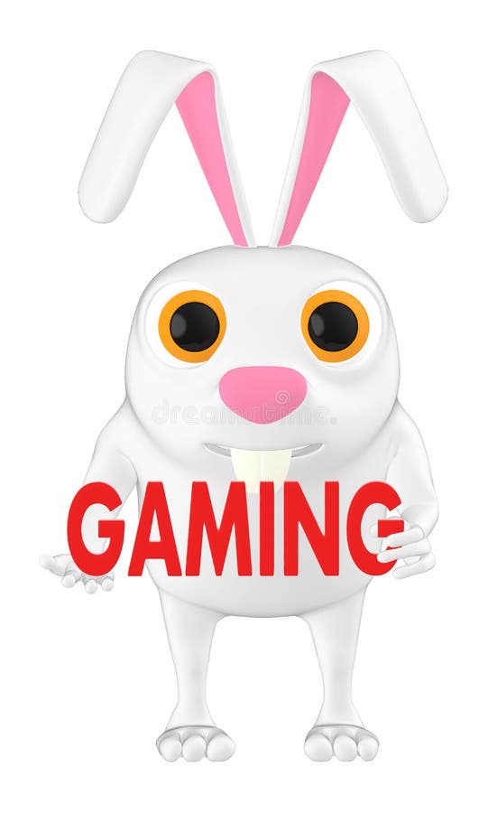 3d character , rabbit holding gaming text in hands stock illustration