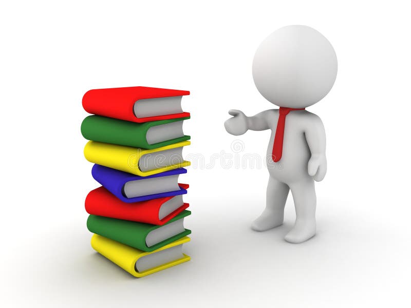 3D Character showing stack of books stock illustration