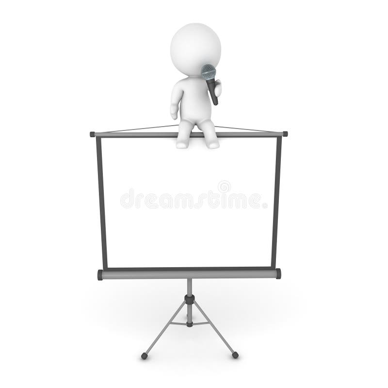 3D Character sitting on top of a white screen and talking on mic stock illustration