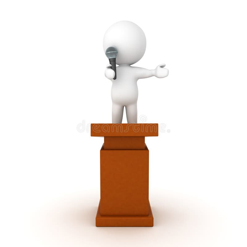 3D Character standing on top of a lectern and speaking on microphone stock illustration