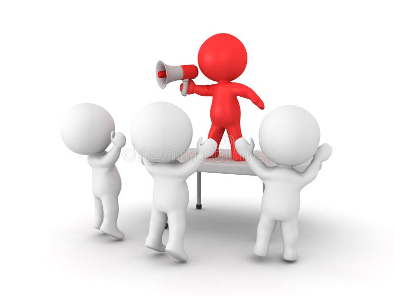 3D Character talking on megaphone and energizing a crowd stock illustration