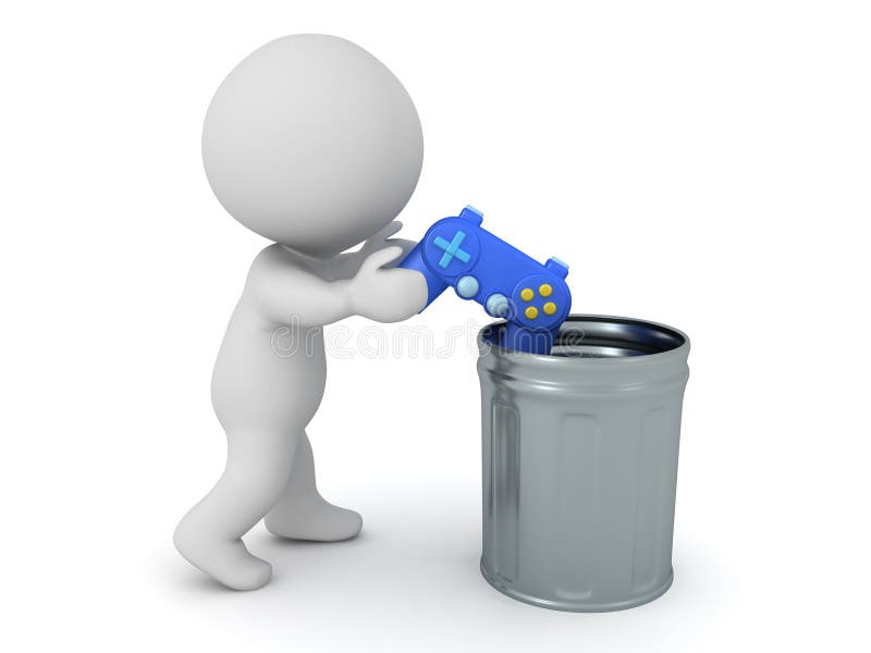 3D Character Throwing Video Game Controller in the Trash Stock