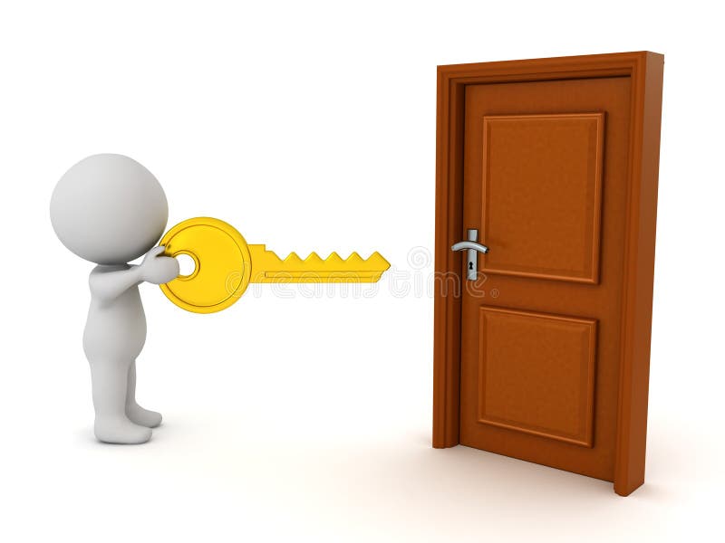 3D Character Using a Golden Key To Open a Door Stock Illustration