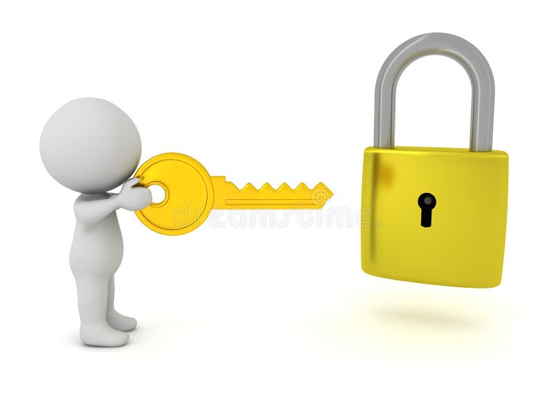 3D Character Using a Golden Key To Open a Lock Stock Illustration