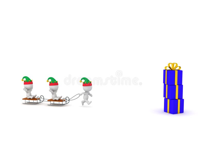 3D Characters in Elf Hats Going Toward Gifts vector illustration