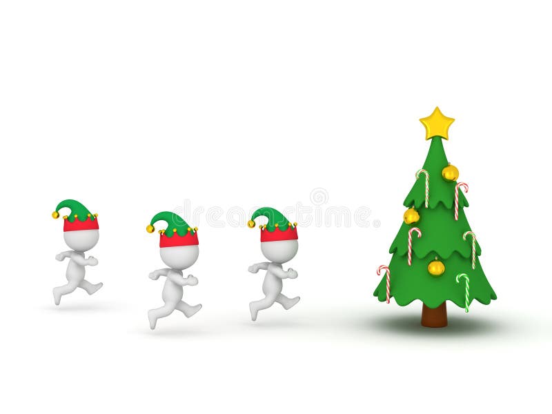 3D Characters with Elf Hats Running Toward Christmas Tree stock illustration