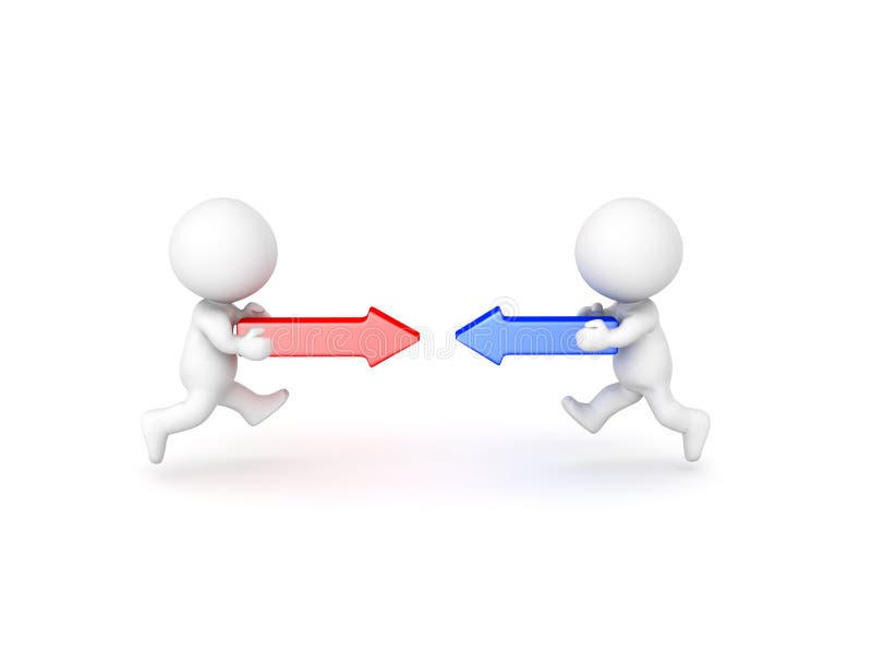 3D Characters holding arrows and running at each other vector illustration