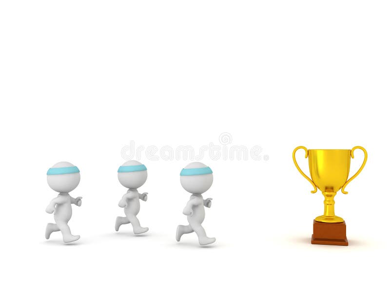 3D Characters Jogging toward Golden Trophy stock illustration