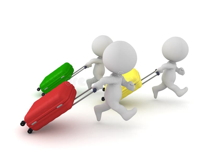 3D Characters pulling baggage trolleys behind them stock illustration