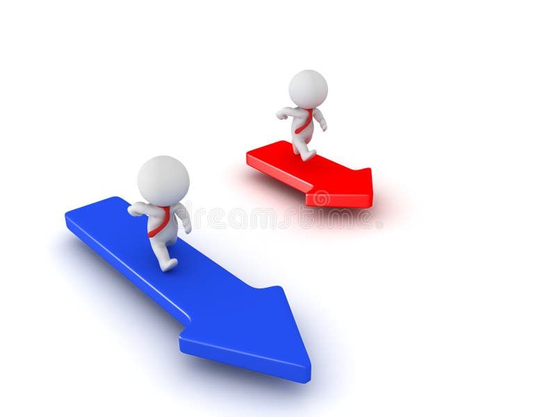 3D Characters running on arrows of different lengths and colors vector illustration
