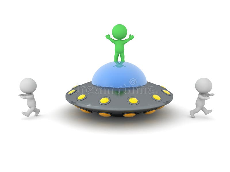 3D Characters running away from aliens and UFO vector illustration