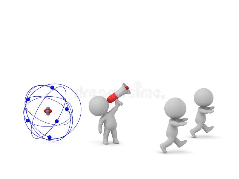 3D Characters Running Away from an Atom royalty free illustration