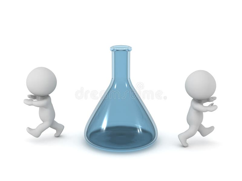 3D Characters Running Away from a Chemical Beaker Bottle vector illustration