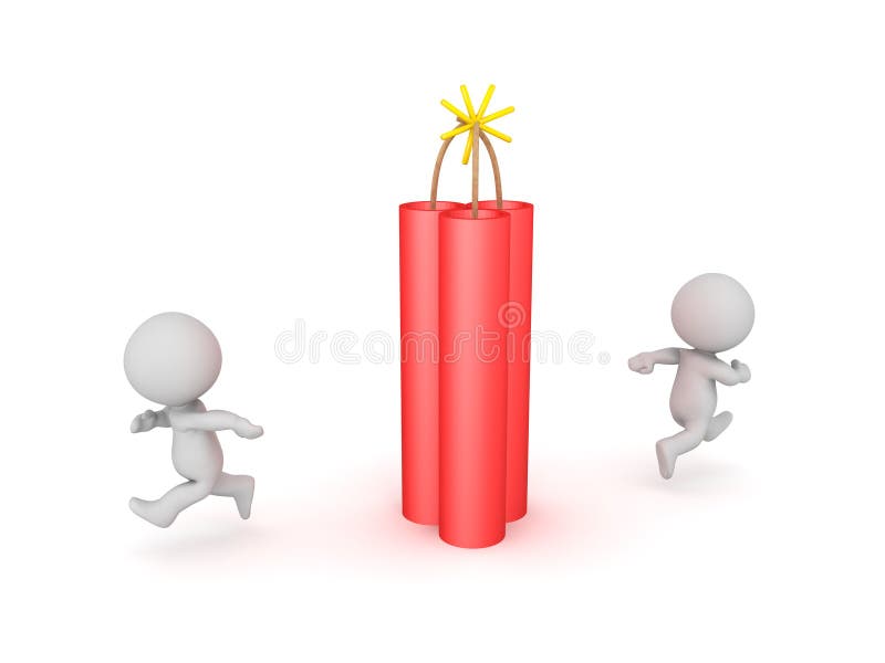 3D Characters running away from dynamite bomb vector illustration