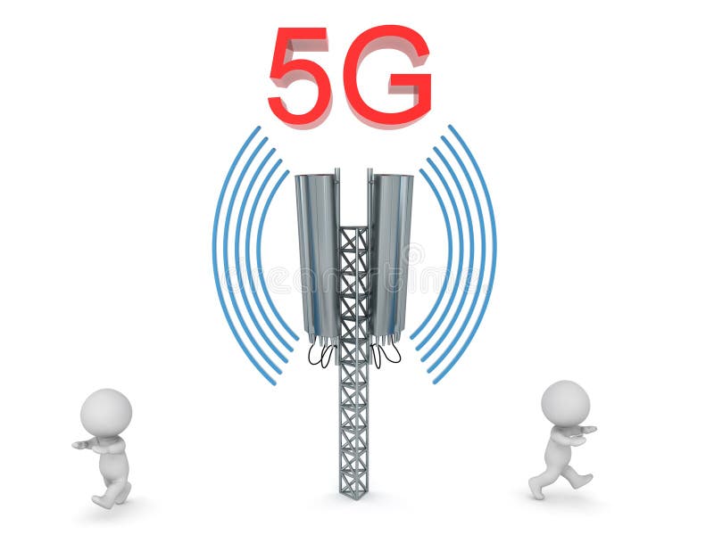3D Characters running away from 5G mobile tower vector illustration