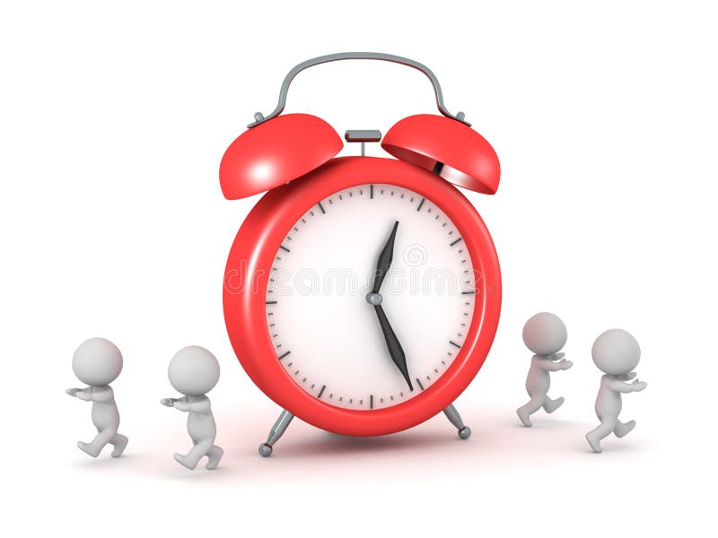 3D Characters Running Away from a Huge Alarm Clock vector illustration