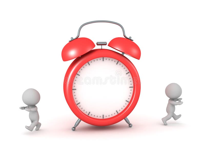 3D Characters Running Away from a Large Alarm Clock. Isolated on white background