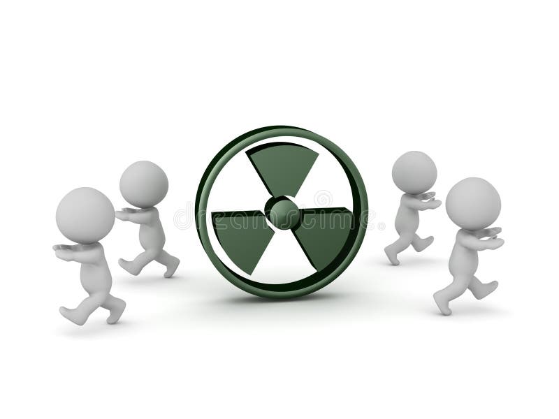 3D Characters Running Away from Large Radioactive Symbol stock illustration