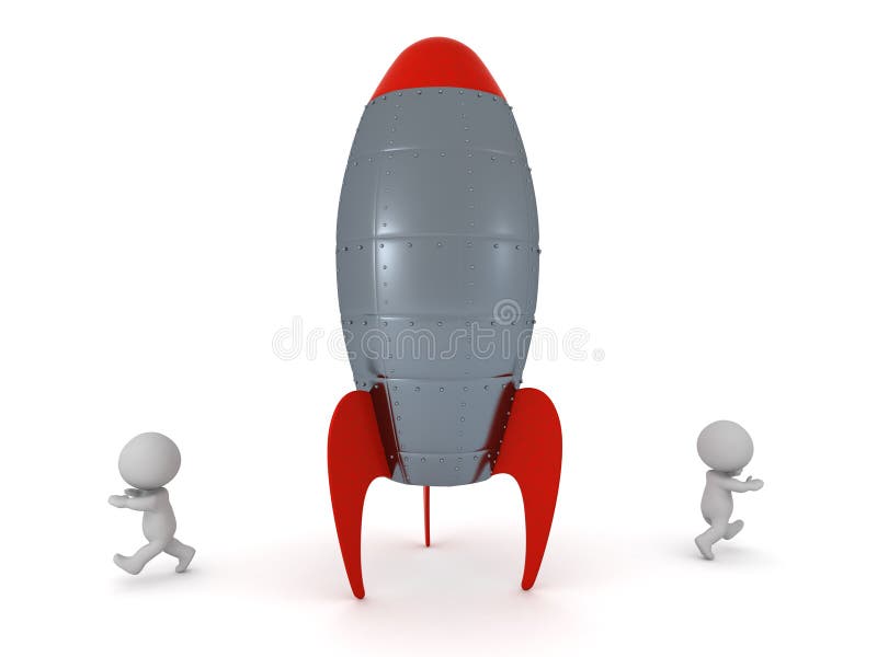 3D Characters Running Away from a Rocket stock illustration