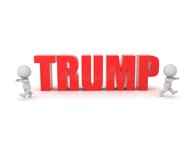 3D Characters running away from text saying TRUMP stock illustration