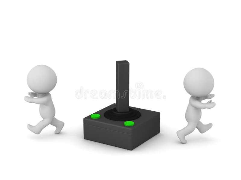 3D Characters Running Away from a Video Game Joystick vector illustration