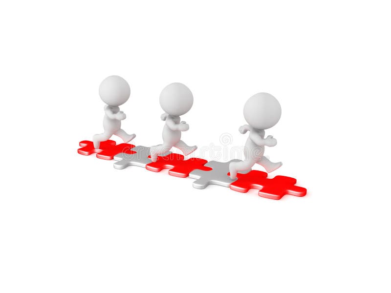 3D Characters running down red and white puzzle pieces pathways royalty free illustration