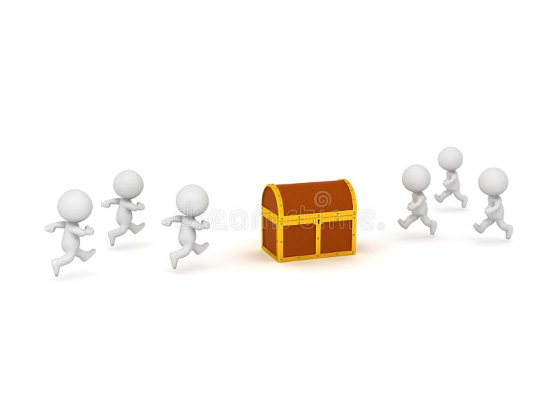 3D Characters Running Toward Treasure Chest stock illustration