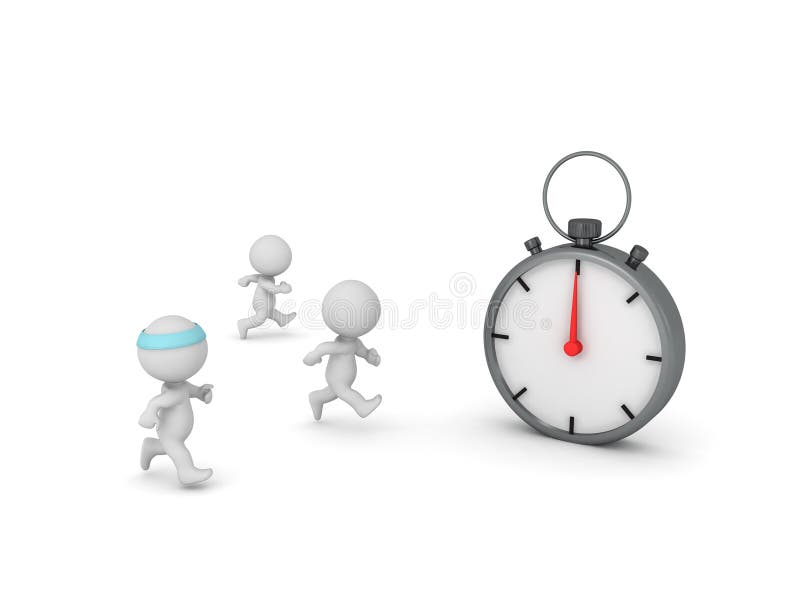 3D Characters running towards stopwatch vector illustration