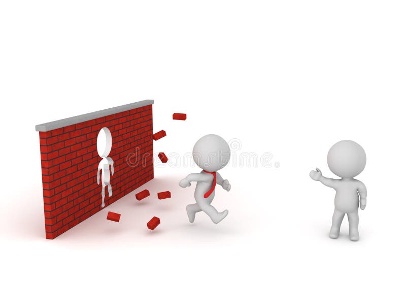 3D Characters Showing Breaking Through Brick Wall vector illustration