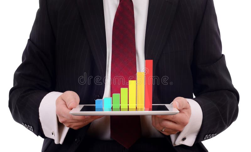 3d chart on tablet. Businessman presenting a 3d display of growth chart on a tablet pc isolated on a white background royalty free stock photography 3d chart on tablet. Businessman presenting a 3d display of growth chart on a tablet pc isolated on a white background royalty free stock photography