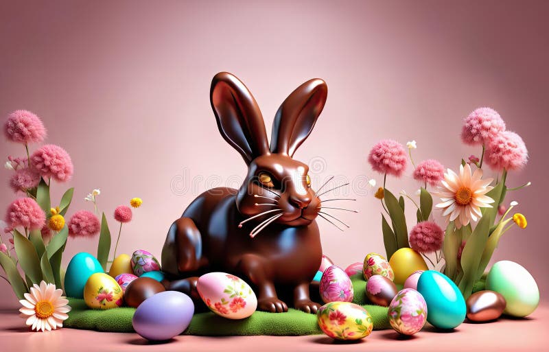 3D Chocolate Easter Bunny Decorated with Spring Flowers and Color Eggs