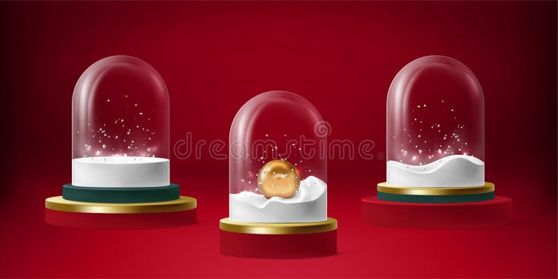 3d christmas background with snow balls. Merry xmas, new year glass globes, red light decoration render. Blank dome set vector illustration