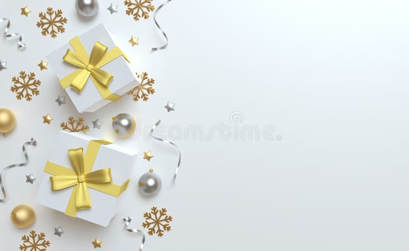 3d Christmas background top view, white gift and gold bow, silver and golden balls, tinsel and stars.