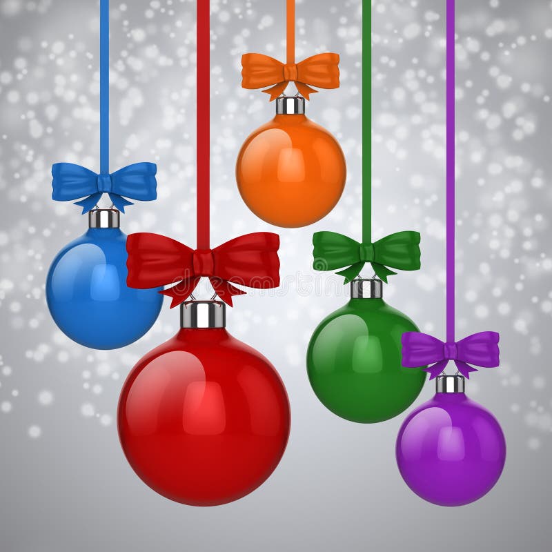 3d Christmas Ball Ornaments with Red Ribbon and Bows Stock Illustration