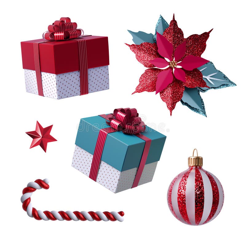 3d Christmas clip art set. Design elements, isolated on white background. Gift bow, red paper poinsettia flower, candy cane, ball